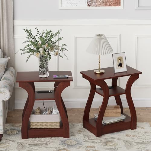 FROMJBEST End Tables Living Room Set of 2 with Charging Station, Cherry