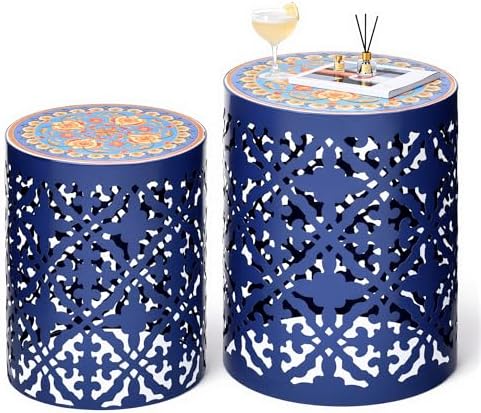 2-Pack Metal Outdoor Side Table, Modern Vintage Scroll Cut-Out Design