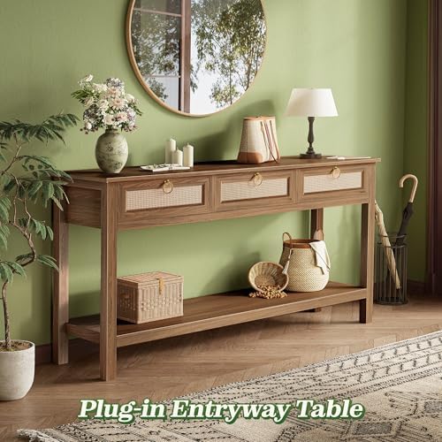 SUPERJARE Rattan Console Sofa Table with Outlets, USB-C Port and 3 Drawers