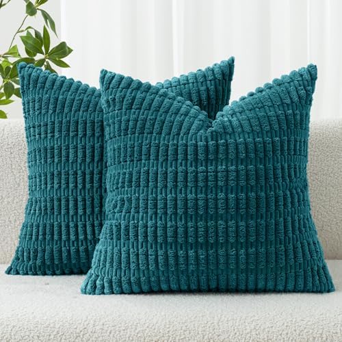 MIULEE Corduroy Decorative Throw Pillow Covers 18x18 Teal Pack of 2