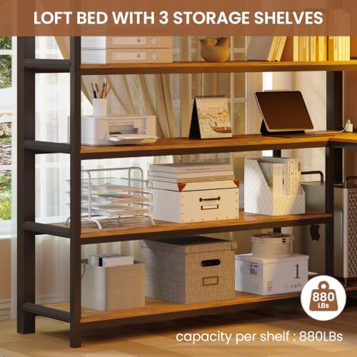Loft Bed Full Size with L Shape Desk,4 Drawers,3-Tier Storage Shelves Metal Loft Bed Frame with Power Outlet and LED Lighted,No Box Spring Needed,Space-Saving,Noise Free (Brown & Black, Full Size)