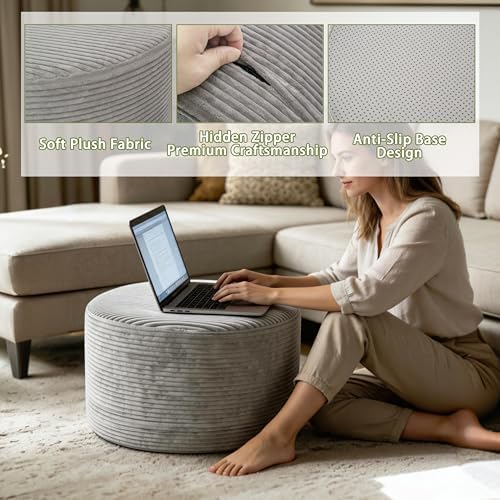 Thgonwid Round Ottoman Pouf, Corduroy Foot Rest Stool, 20x14In, Light Grey