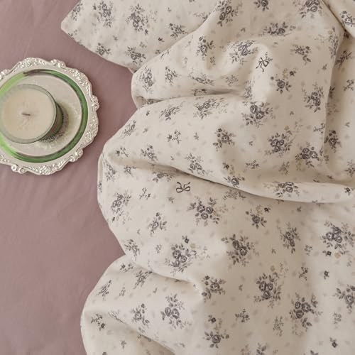 Muslin Cotton Duvet Cover Set King Floral Prints, Off-White
