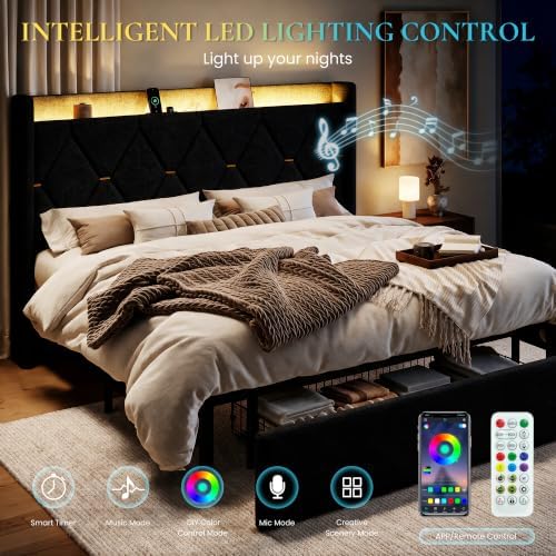 SHA CERLIN King Size Bed Frame with Storage Drawer & LED Lights, Black