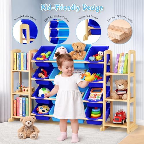 Kids Toy Storage Organizer with Bookshelf – Wooden Shelf with 12 Bins & 6 Shelves, Quick Assembly Storage Rack for Playroom, Bedroom, Nursery– Blue