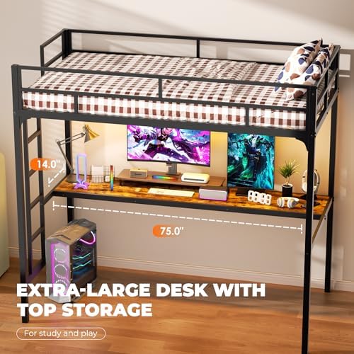 Metal Twin Loft Bed with Desk, Metal Loft Bed Frame with LED Lights and Charging Station, Safety Guardrail and Ladder, No Box Spring Needed, Space-Saving, Noise Free, Black