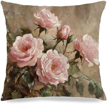 Vintage Pink Rose Floral Rectangle Pillow Throw Cover 18x18 Decor, Shabby Chic Rustic Cottagecore Decorative Throw Pillow Covers Double-Sided