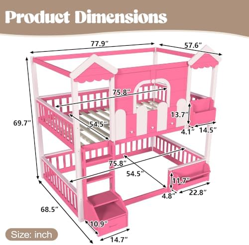 Full over Full House Bunk Bed with Bookshelves & Storage Drawer, Pink