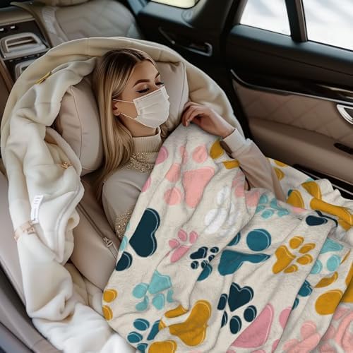 Colorful Dog Animals Paws Fleece Throw Blanket Ultra Soft Cozy Pet Animal Lover Gift Decorative Flannel Blanket for Home Bed Couch Chair Travel 50x40in