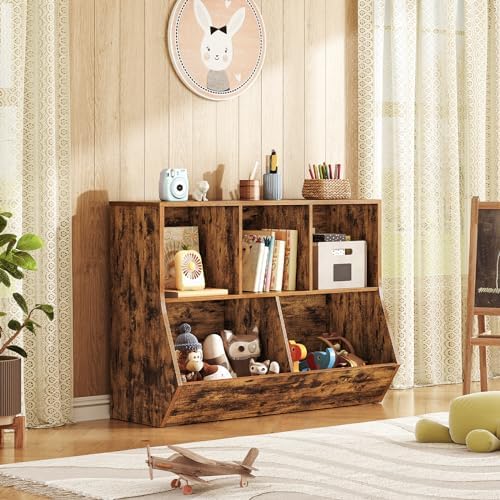 HOOBRO Kids Bookshelf, Bookcase Footboard, Toy Storage Cubby, Children's Toy Shelf, 39.4" L Toy Storage Cabinet, Fit for Children's Room, Playroom, Hallway, Kindergarten, Rustic Brown BF132CW01