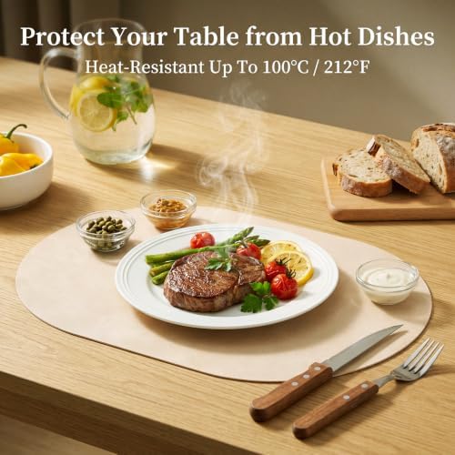 Oval Placemats Set of 8, Wipeable Faux Leather, Beige