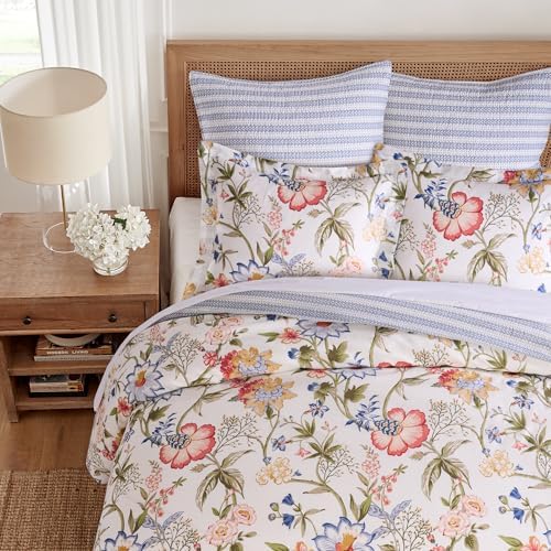 Levtex Home - Maileen Comforter Set - Full/Queen Comforter (90x94in.) and 2 Standard Shams (20x26in.) - Floral - Blue Coral Green White - Reversible - Cotton