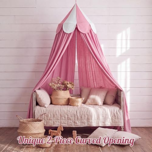 Bed Canopy with Scalloped Edge, 2 Panel Striped, Dusty Pink