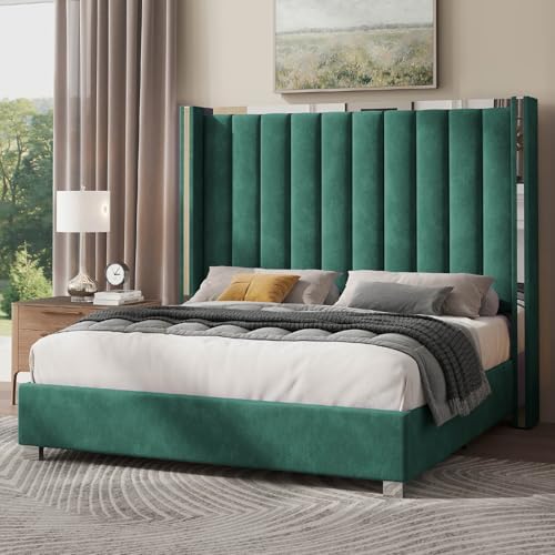 Jocisland King Size Upholstered Bed Frame with 58" Tall Headboard, Green
