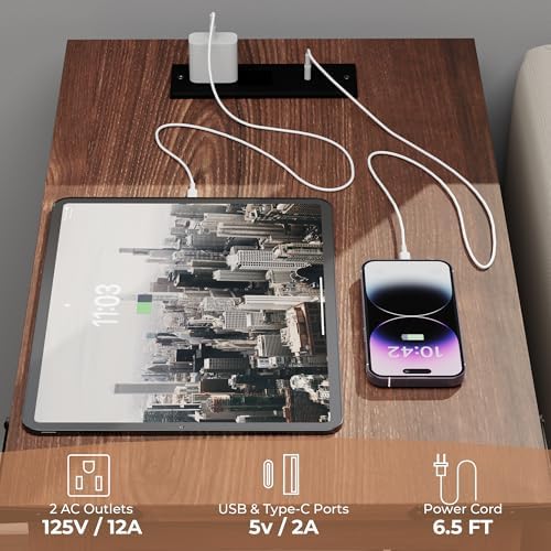 VVFLU Farmhouse End Table with Charging Station and 2 Storage Drawers, Cherry Wood Nightstand Narrow, Skinny Side Table Rustic, Slim Bedside Table, Open Shelf, Small for Bedroom, Living Room, Sofa