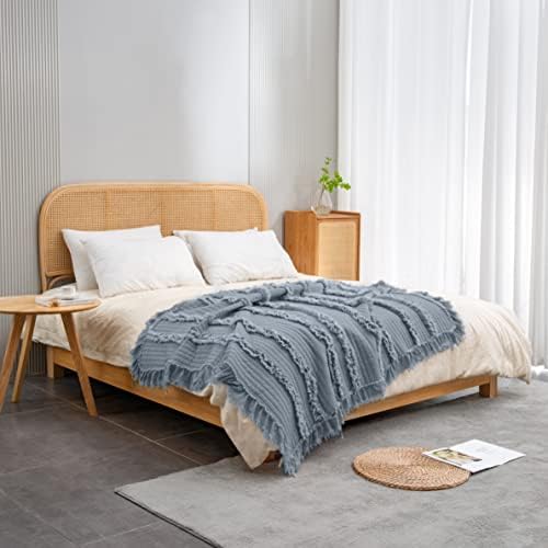 Ultra Soft Pre-Washed Quilted Throw Blanket, Ruffle Fringed Dark Blue Decorative Throw, Stone Washed Chic Rustic Blanket for Sofa Couch Bed Chair, 50"x 60"