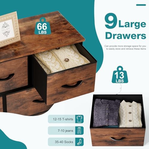 OLIXIS 9 Drawer Fabric Dresser for Bedroom, Chest of Drawers Organizer