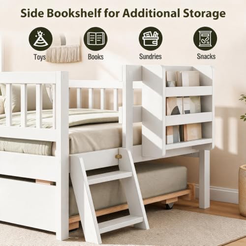 KOMFOTT Twin Bed Frame with Trundle & Bookshelf, Trundle Bed for Kids,White