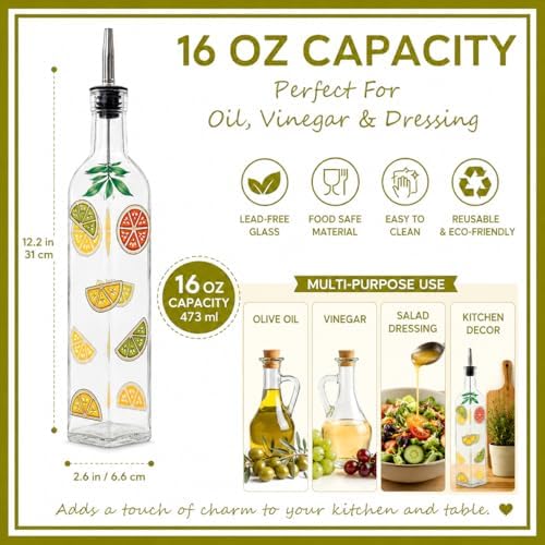 17oz Hand Painted Glass Olive Oil Bottle - 500ml Green Oil & Vinegar Cruet with Pourers - Olive Oil Carafe Decanter for Kitchen (Fruit)