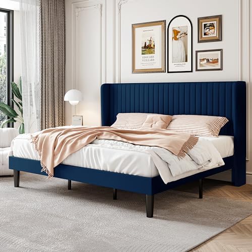 SHA CERLIN King Size Velvet Bed Frame, Tufted Wingback Headboard, Blue