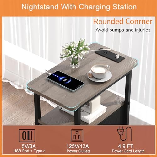 sthmec Narrow End Table with Charging Station, Narrow Side Table with 2 Fabric Drawers, Slim Nightstand, Skinny Bedside Table, Small Side Table for Small Spaces, Living Room, Bedroom, Grey