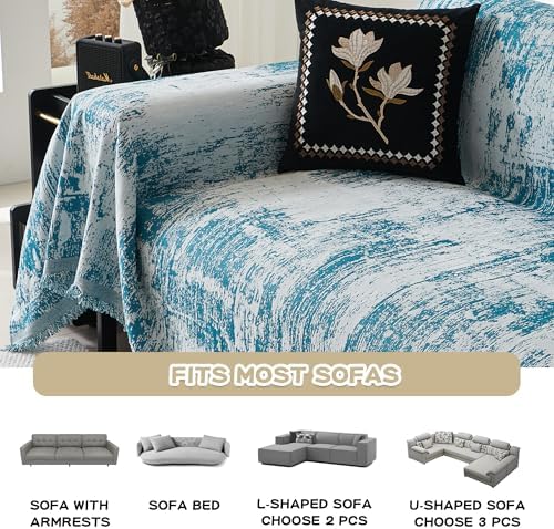 MEETSKY Boho Sofa Cover Sofa Slipcover Thick Chenille Blue Couch Cover for 3-4 Cushion Couch Sofa Reversible Universal Couch Cushion Cover XXL Sofa Protector for Dog Cat, 91"x150"