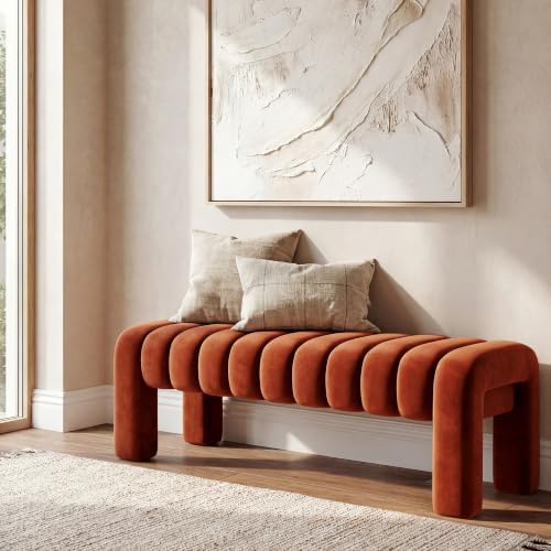 43.3" Bedroom Bench, Upholstered Entryway Bench, Modern End of Bed Ottoman with Solid Wood Legs and Adjustable Foot Pegs for Entryway, Dining Room and Living Room (Rust Velvet)