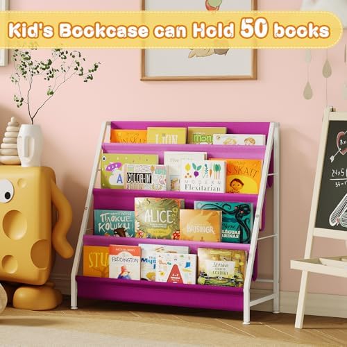 Aokitsink Kids Bookshelf for Kids Rooms, 4-Tier Montessori Bookshelf,Nursery Book Shelves,Pink Toddler Bookshelf, Metal Kid's Book Storage Organizer for Girls Room Furniture Playroom Kindergarten