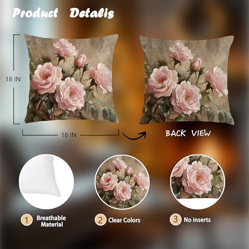 Vintage Pink Rose Floral Rectangle Pillow Throw Cover 18x18 Decor, Shabby Chic Rustic Cottagecore Decorative Throw Pillow Covers Double-Sided