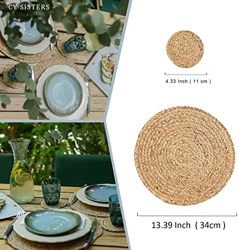 Round Woven Placemats Set of 4, Natural Water Hyacinth Place mats, 13.5 Inch Rattan Placemats Wicker Placemats Farmhouse Boho Braided Heat Resistant Outdoor Placemat Patio Table Place Mats