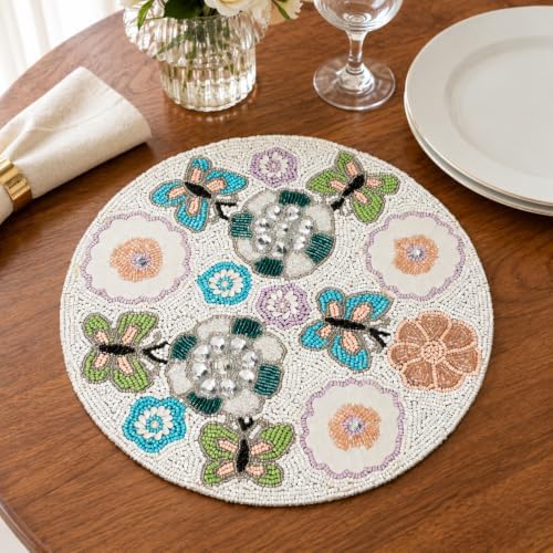 Beaded Round Placemats Set of 1, 13 Inch Butterfly Floral Ivory Multi