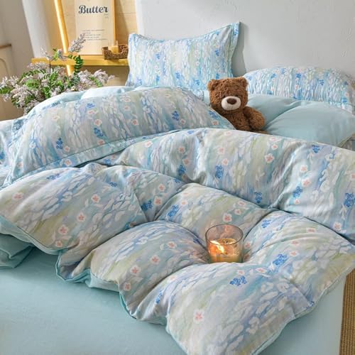 100% Cotton Blue Floral 2 Layer Muslin Duvet Cover Queen Size with 2 Pillowcases,Aesthetics All Season Gauze Comforter Cover for Women,Soft Breathable Duvet Covers Queen 90"×90"