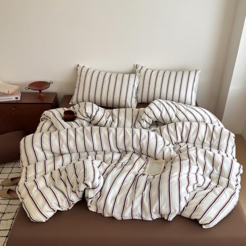 mixinni Retro Striped Duvet Cover Twin Size - 3-Piece Vintage Red Brown & Blue Stripes Printed Duvet Cover Set, Soft Washed Microfiber Bedding, Vintage Stripe Comforter Cover with Zipper&Ties
