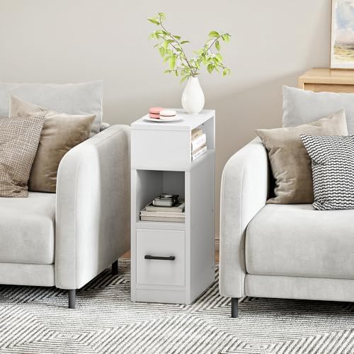 CHOEZON Narrow Side Table, 7.9" Small Nightstand with Drawer, Skinny Bedside Table, for Small Spaces, Flexible Open Compartment, for Bedroom, Living Room, White MBZ11WB