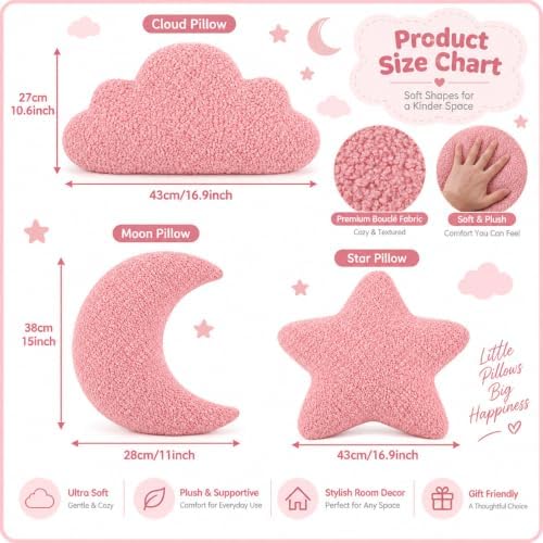 3 Pack Cloud Moon Star Shaped Throw Pillows 16 Inch Pink Plush Pillow Set