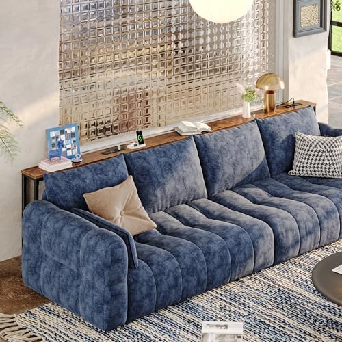 Huuger 102.4 Inch Behind Couch Table with 2 Power Outlets and USB-C Ports, Extra Long Narrow Sofa Table for Sectional Sofa, Skinny Console Table with Anti-Bump Pads, for Living Room, Rustic Brown
