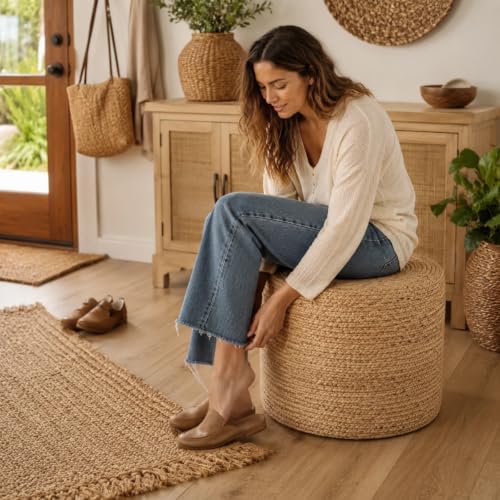 18'' Boho Ottoman Pouf Natural Water Hyacinth Rustic Handmade Lounge Pouffe