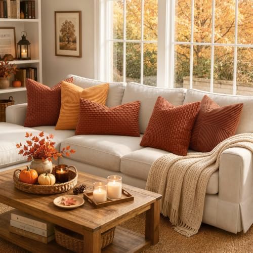 MIULEE Fall Decorative Throw Pillow Covers 18x18 Burnt Textured Corduroy