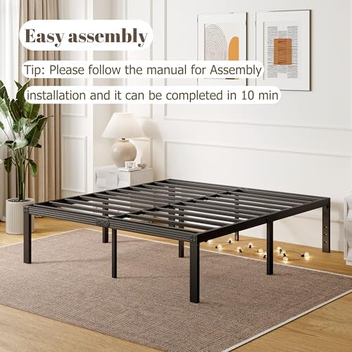 Queen Size Bed Frame, 18 Inches Platform Bed Frame, 1000lbs Heavy Duty Steel Slat, Non-Slip Design, No Box Spring Needed, Easy Assembly, Quiet Noise Free, Under Bed Storage Space, Black