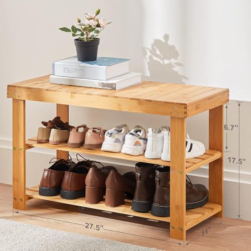 Pipishell 3 Tier Bamboo Shoe Rack Bench for Entryway, Natural