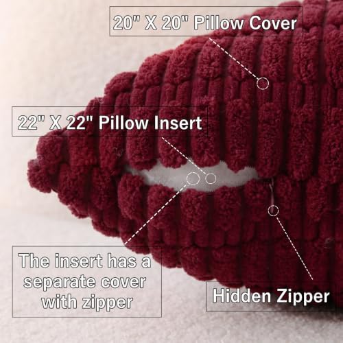 2 Pack Corduroy Decorative Throw Pillow with Inserts, 20x20 Inch Soft Boho Throw Pillow, Square Striped Throw Pillows for Couch, Bed, Sofa Decor (Burgundy)