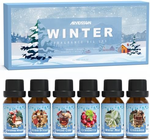 ARVIDSSON Winter Essential Oils Set, Holiday Fragrance Oil for Diffuser， Candle Making - Cinnamon, Christmas Wreath, Apple Cider, Gingerbread, Cranberry, Winter Mint Scented Oils for Home