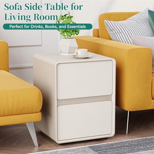 15.8" W Faux Leather Narrow Nightstand, Fully-Assembled Bedside Table with 2 Drawers, Wood Night Stand Small Accent End Table & Side Table for Bedroom, Cream White