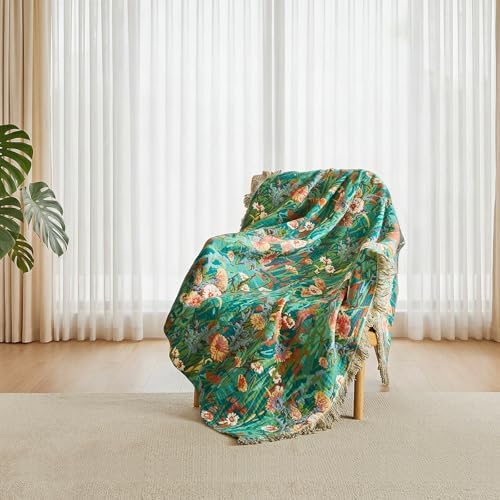 Boho Throw Blanket - 100% Cotton Soft Green Blankets for Bed 60"x80"