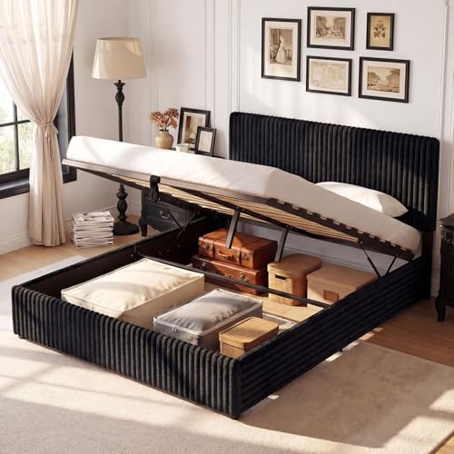 GIANTEX Queen Size Lift Up Storage Bed, Modern Corduroy Upholstered Platform w/Wingback Headboard, Hydraulic Support, Queen Bed Frame with Storage, No Box Spring Needed (Black)