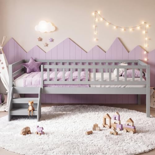 Giantex Kids Low Loft Bed Twin Size with Stairs & Safety Guardrails, Grey