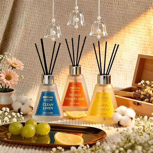 Reed Diffuser Set of 3 Pack, Lemon Verbena/Mango Passion Fruit/Clean Linen Oil Diffuser Reed Diffusers for for Home, Bathroom, Office Decor, 1.7 Fl.oz, Total 5.1Oz