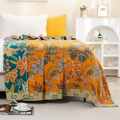 Green Floral Cotton Throw Blanket for Bed Couch Travel 60''x80''