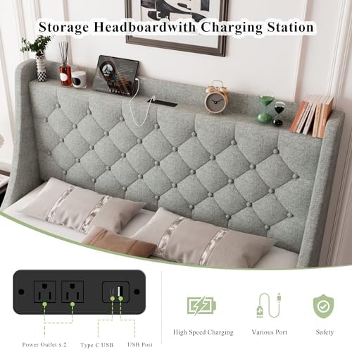 Feonase Queen Size Bed Frame with 4 Storage Drawers, Upholstered Storage Bed with Charging Station, Tufted Wingback Headboard, No Box Spring Needed, Light Grey, FEO737