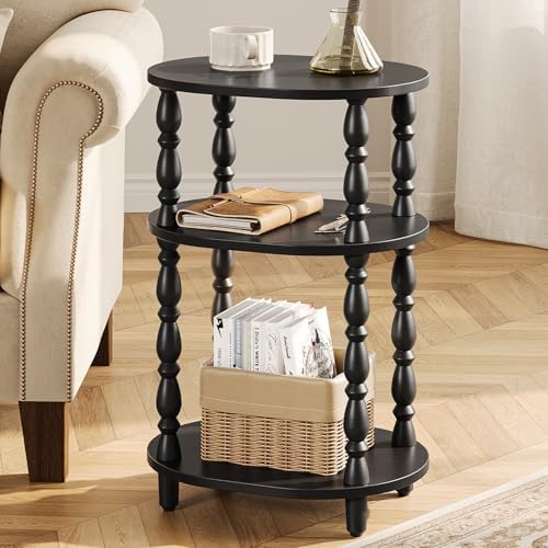 Yoobure 3-Tier Small Side Table - Oval End Table with Vintage Spindle Legs, Accent Night Stand with Storage Shelf for Narrow Spaces, Wood Nightstand Bedside Table for Living Room, Bedroom, Black